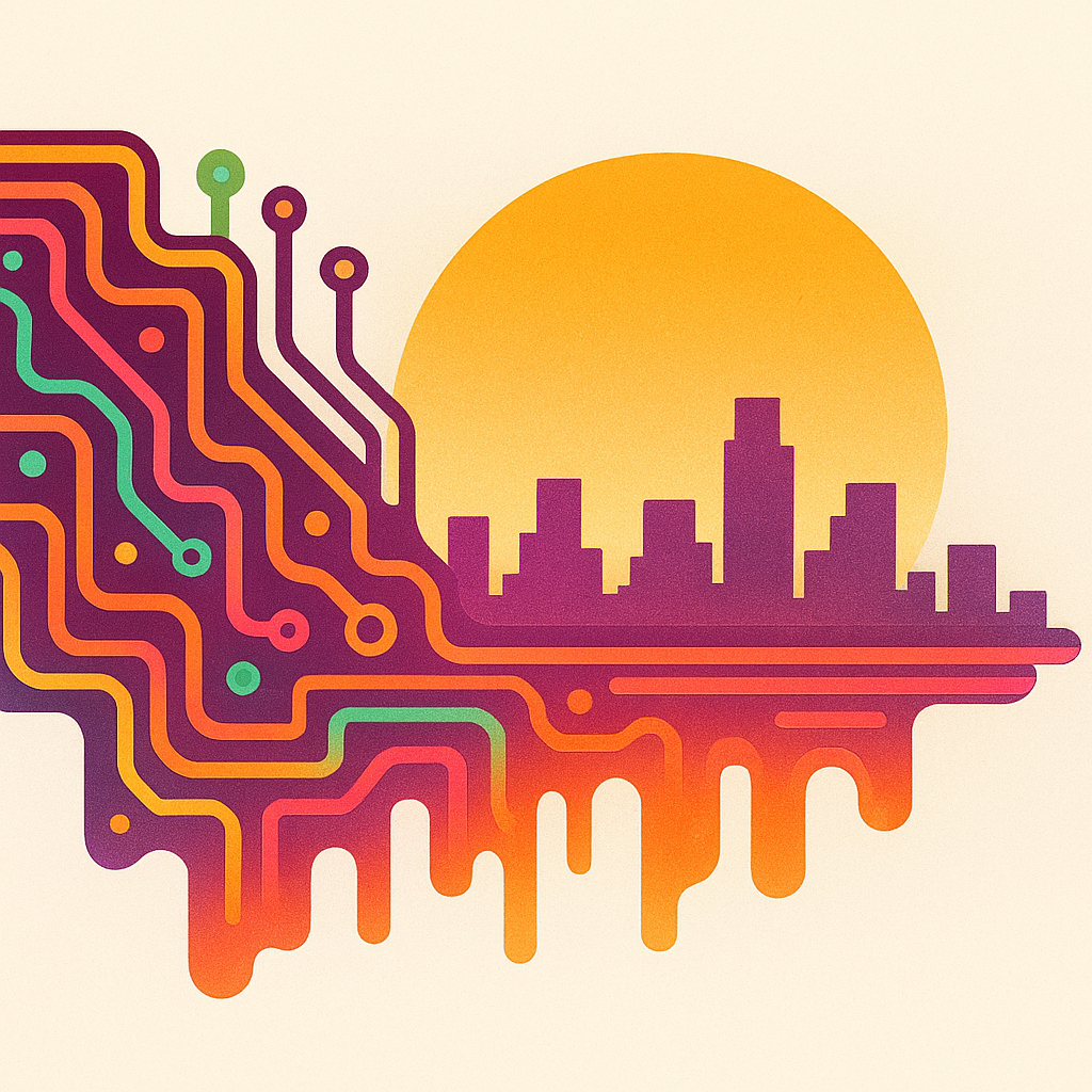 Hero art: abstract circuitry blending into a warm city sunrise