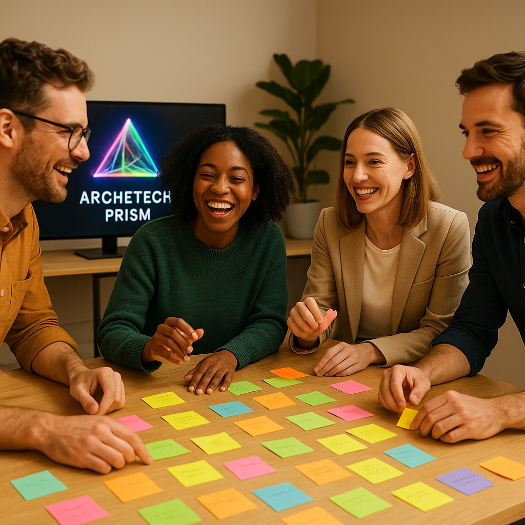 Team workshop: sticky notes and screens with ArcheTech visuals